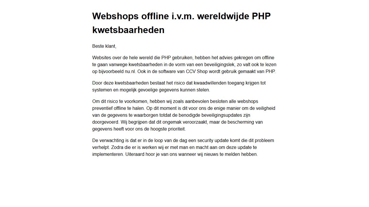 Screenshot van Spelhuis: CCV Shop meldt dat webshops preventief offline zijn gehaald vanwege PHP-kwetsbaarheden.